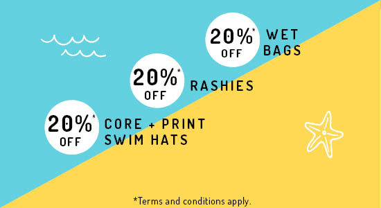 20% off Originals hats. 20% off Swim hats and Rash Vests. 50% off Wet Bags. Terms & conditions apply.