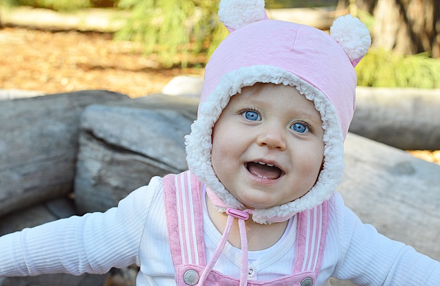 Toddler girl wearing Bedhead Teddy Fleecy Beanie in Baby Pink Marle
