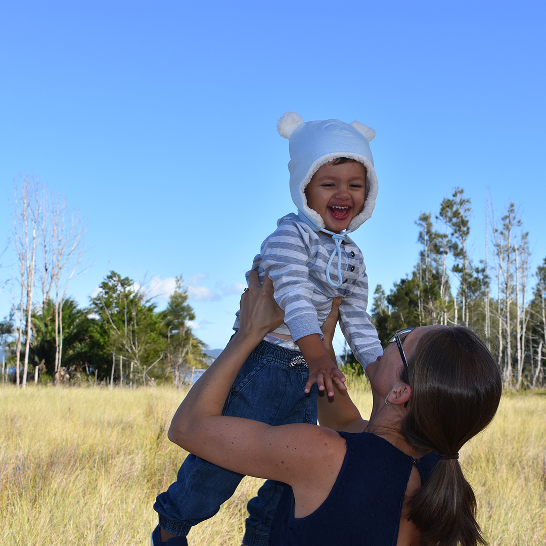 Toddler boy wearing Bedhead Teddy Fleecy Beanie in Baby Blue Marle