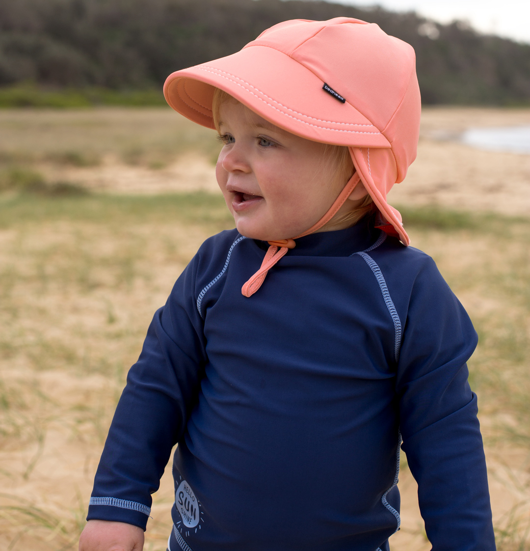 toddler girl wearing bedhead swim legionnaire - peach and bedhead rash vest - marine