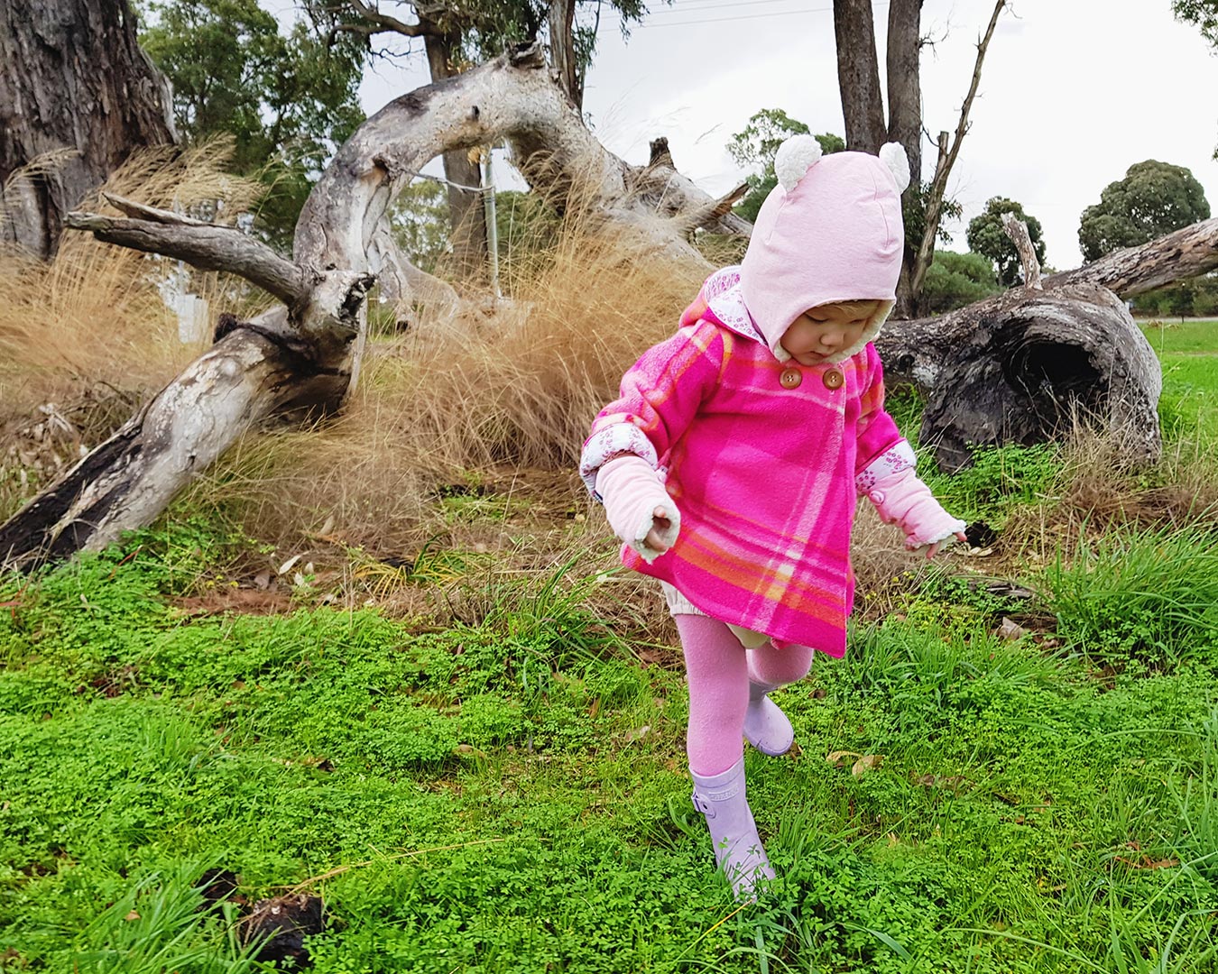 Toddler girl wearing Bedhead Teddy Beanie in Pink Marle