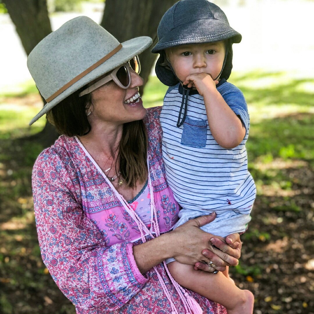 Mum Holding Toddler Boy wearing Bedhead Denim Legionnaire
