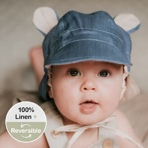  'Roamer' Baby Reversible Teddy Flap Sun Hat - Steele / Flax - 1-3 years / 50 - 54cm / M