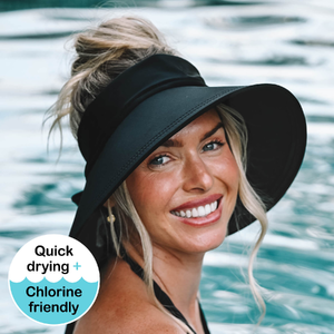 Ladies Adjustable Wide-Brimmed Swim Visor Hat - Black - 52 - 56cm / S