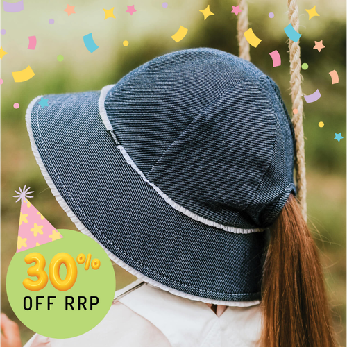 Ponytail Bucket Sun Hat - Denim Ruffle
