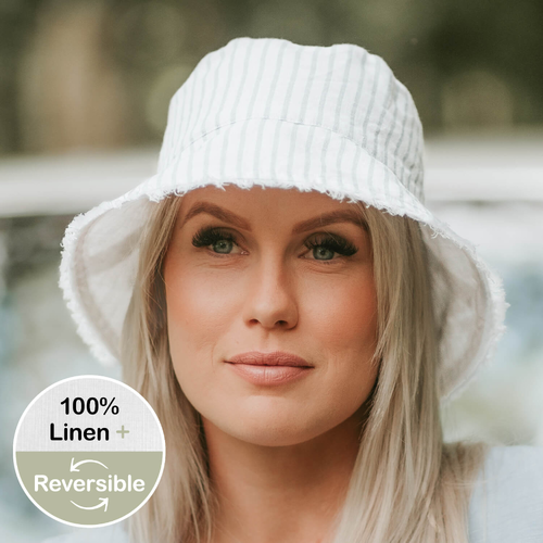  'Traveller' Adults Frayed Bucket Sun Hat - Finley / Blanc