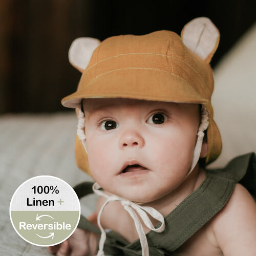  'Roamer' Baby Reversible Teddy Flap Sun Hat - Maize / Flax