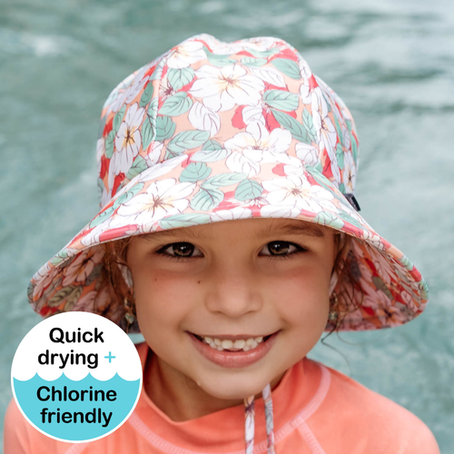 Ponytail Swim Bucket Beach Hat - Hibiscus