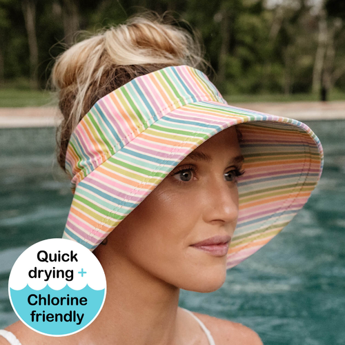 Ladies Wide-Brimmed Swim Visor Beach Hat - Rainbow Stripe