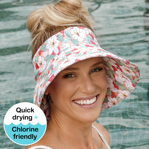 Ladies Wide Brimmed Swim Visor Beach Hat - Hibiscus